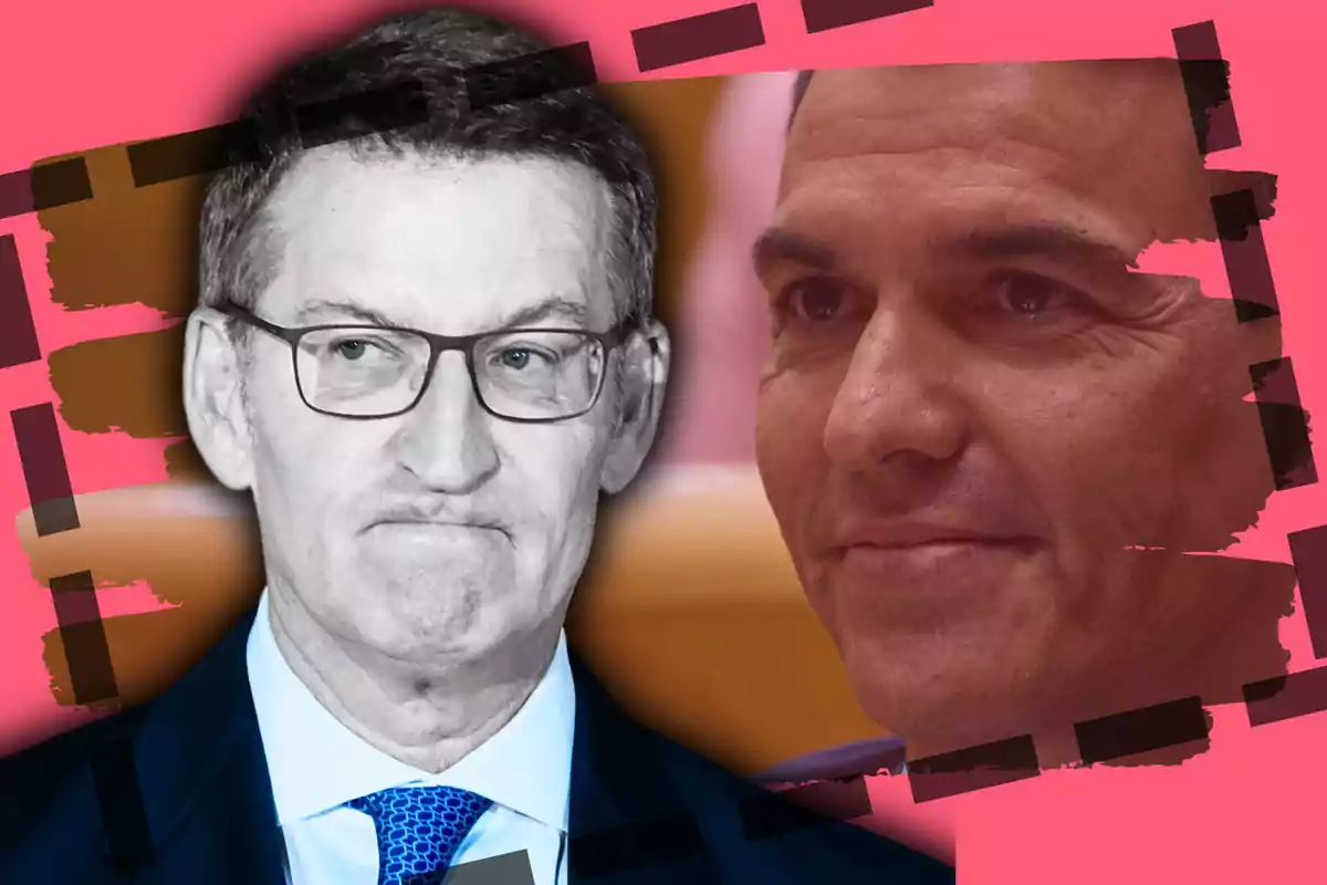 Dos hombres en primer plano con expresiones serias y fondo rosa con detalles en negro