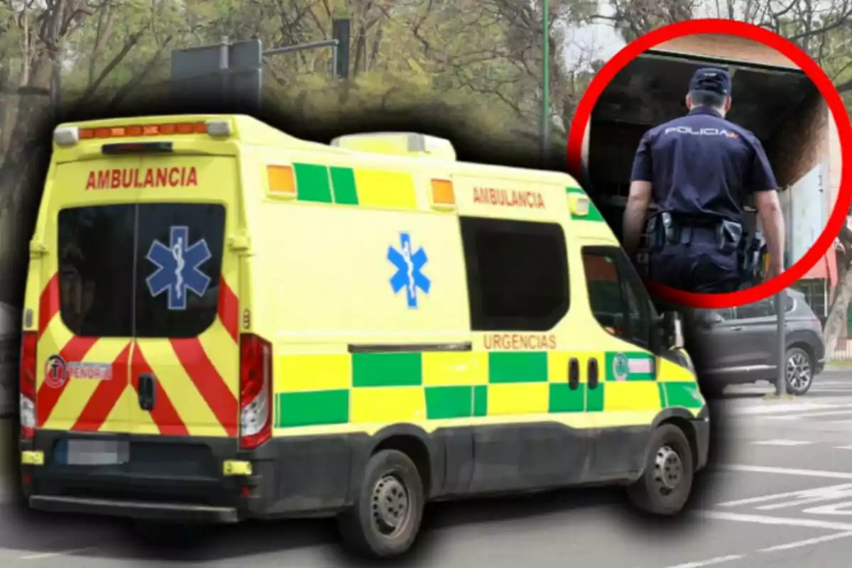 Ambulancia de emergencias estacionada en la calle con un recuadro que muestra a un policía de espaldas.