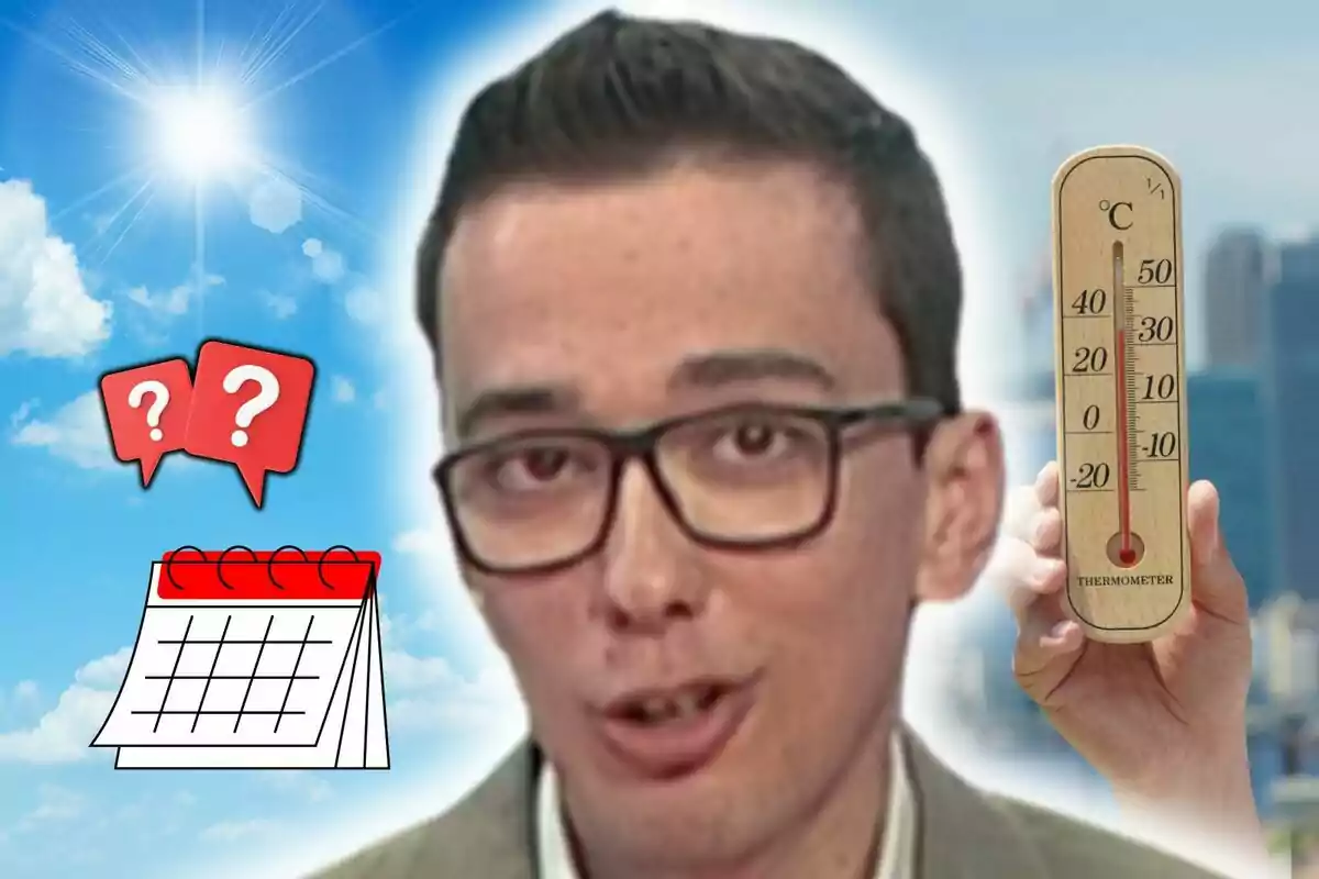 Imagen de Gori Masip con gafas en primer plano, fondo de cielo soleado, termómetro marcando alta temperatura, calendario y signos de interrogación ilustrados.