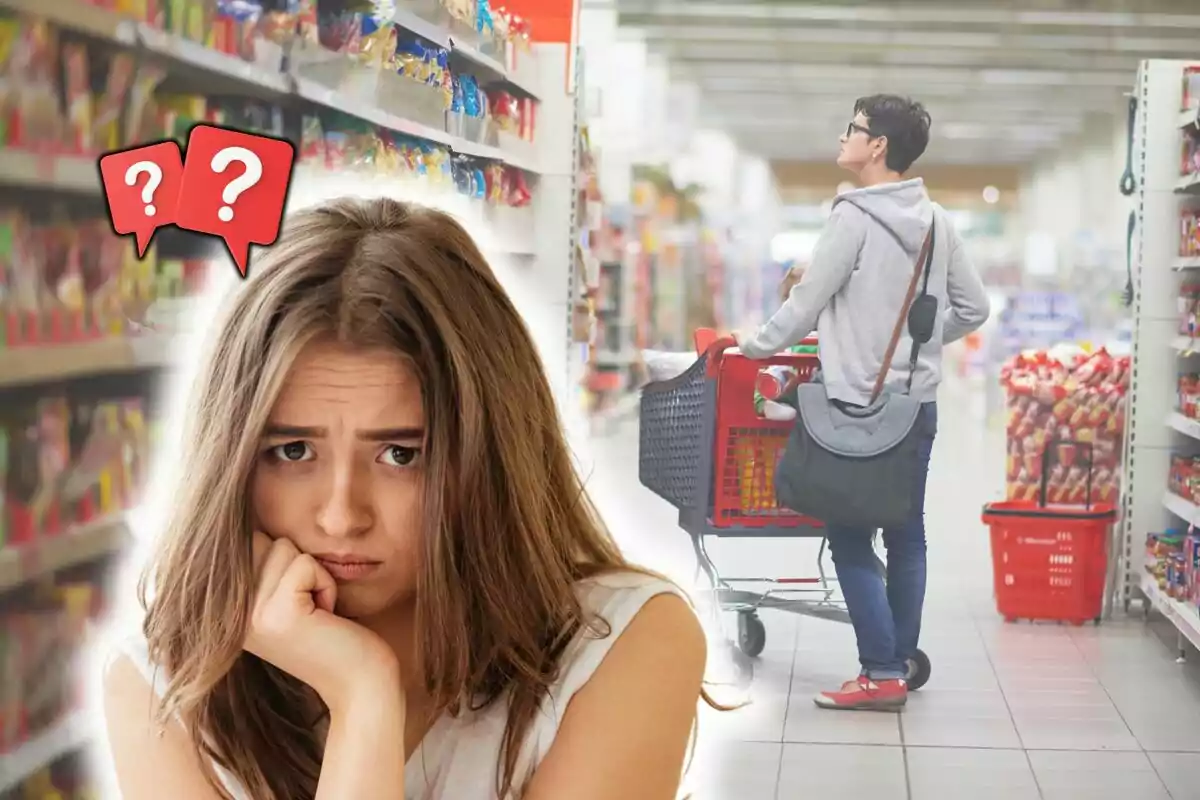 Una mujer con expresión de confusión y preocupación aparece en primer plano mientras al fondo una persona empuja un carrito en un supermercado lleno de productos.