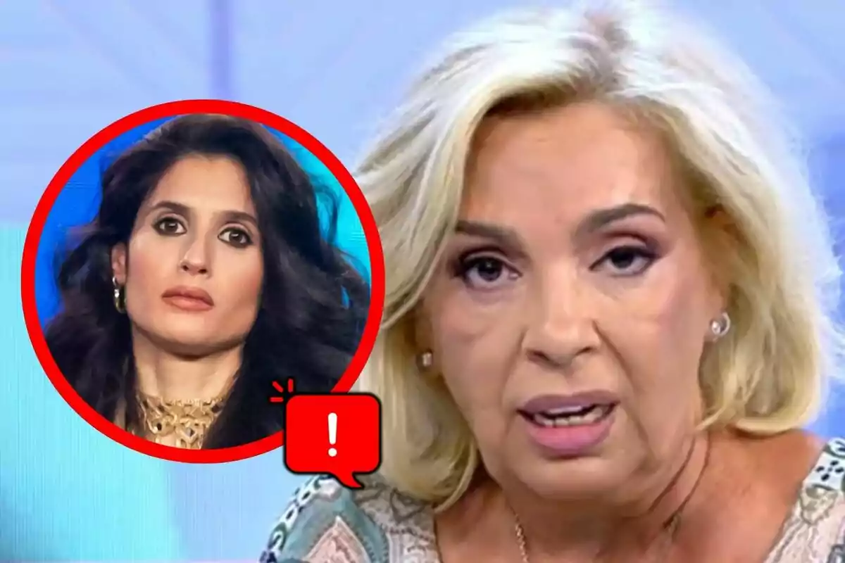 Montaje de fotos de Carmen Borrego con expresión seria en primer plano con un recuadro rojo que muestra el rostro de otra mujer de cabello oscuro y gesto serio, que es María 'La Jerezana', junto a un ícono de advertencia.