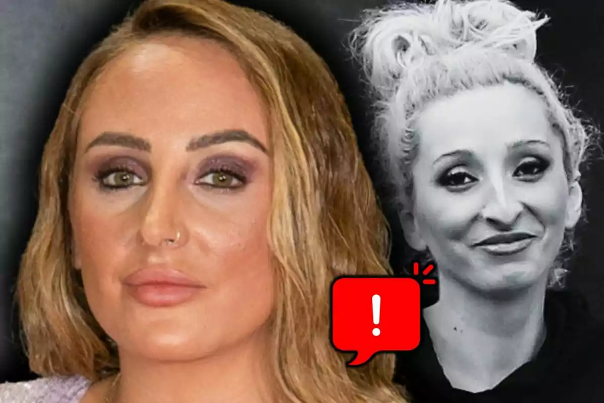 Dos mujeres aparecen en la imagen, una en primer plano a color con cabello rubio y maquillaje marcado que es Rocío Flores, y otra en el fondo en blanco y negro con el cabello recogido y una expresión sonriente, que es Michu, junto a un ícono de advertencia rojo.