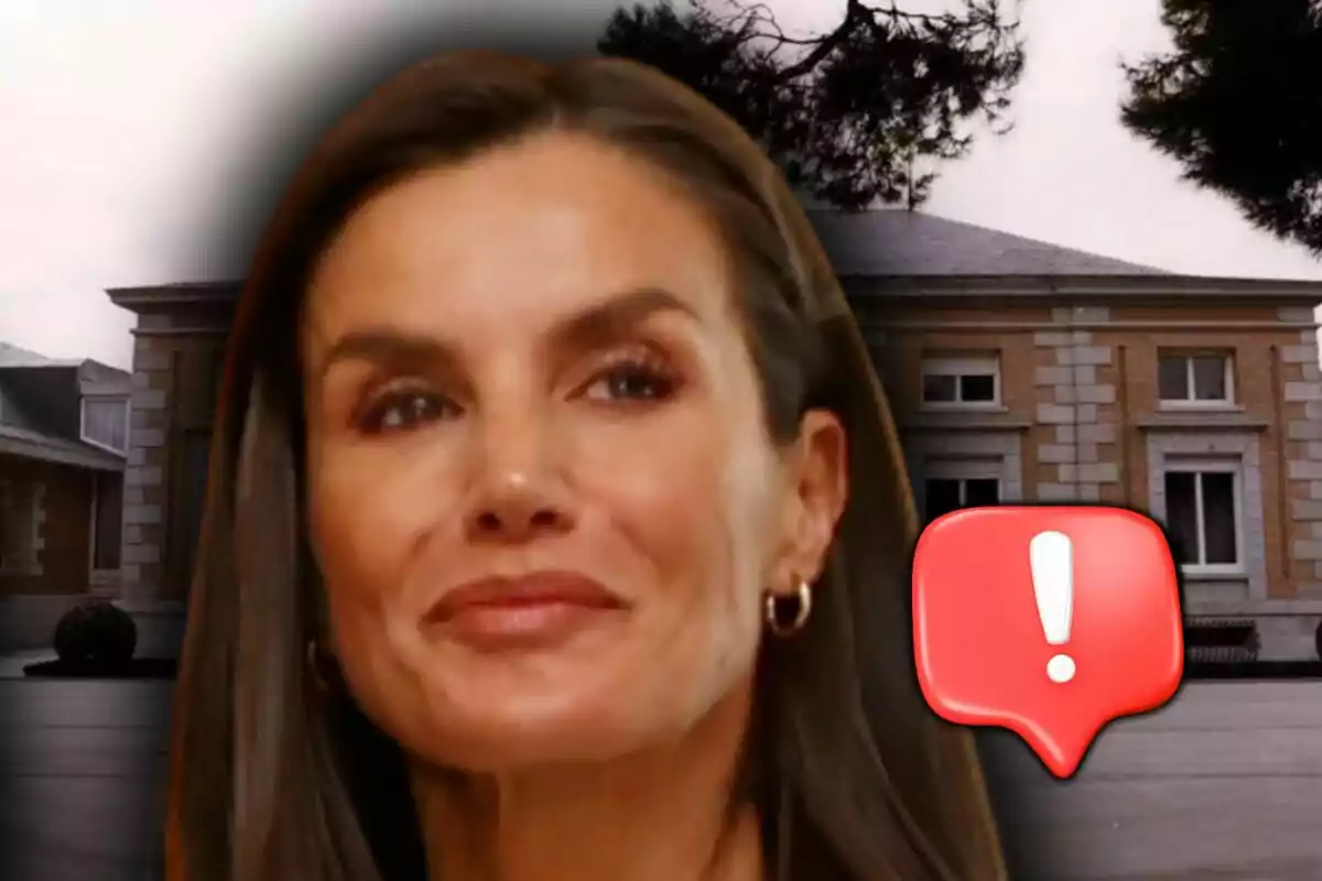 Montaje de fotos de la reina Letizia con el palacio de la Zarzuela de fondo y un emoji de exclamación de color rojo.
