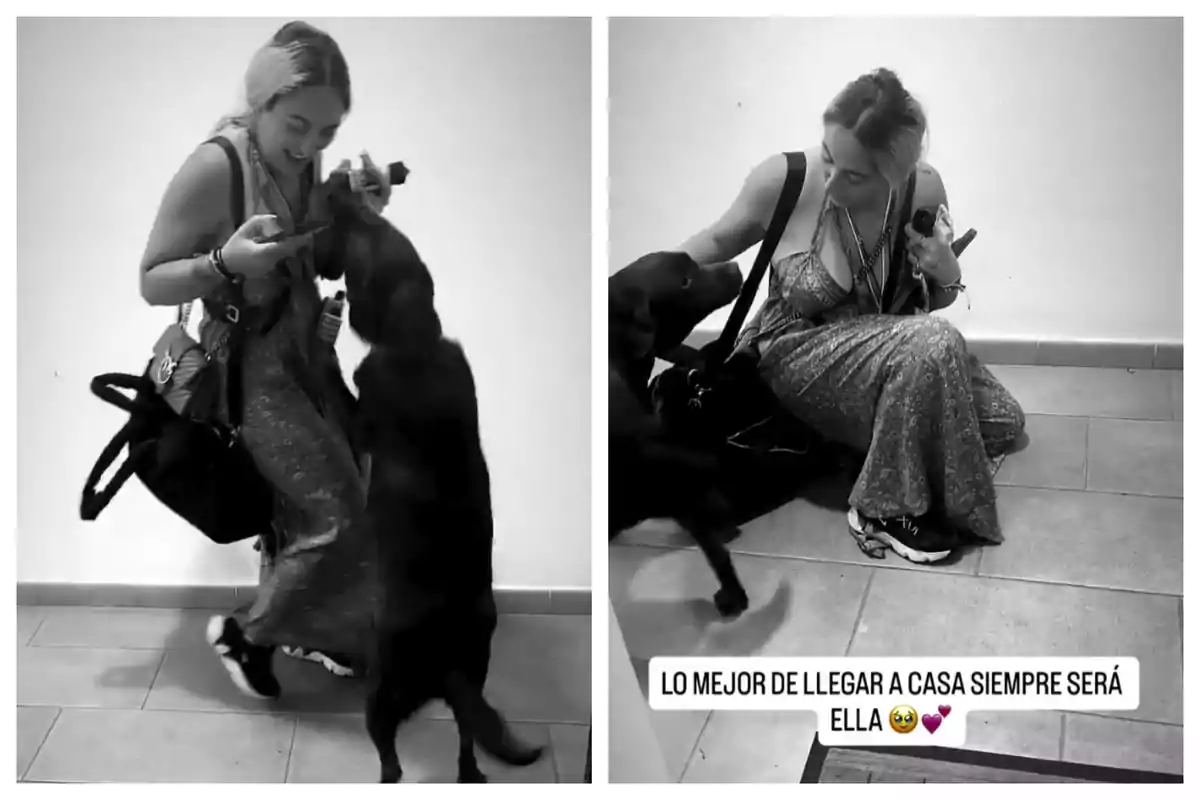 Montaje de fotos de Rocío Flores recibiendo con alegría el saludo de su perro al llegar a casa. Montaje de fotos de Rocío Flores recibiendo con alegría el saludo de su perro al llegar a casa.