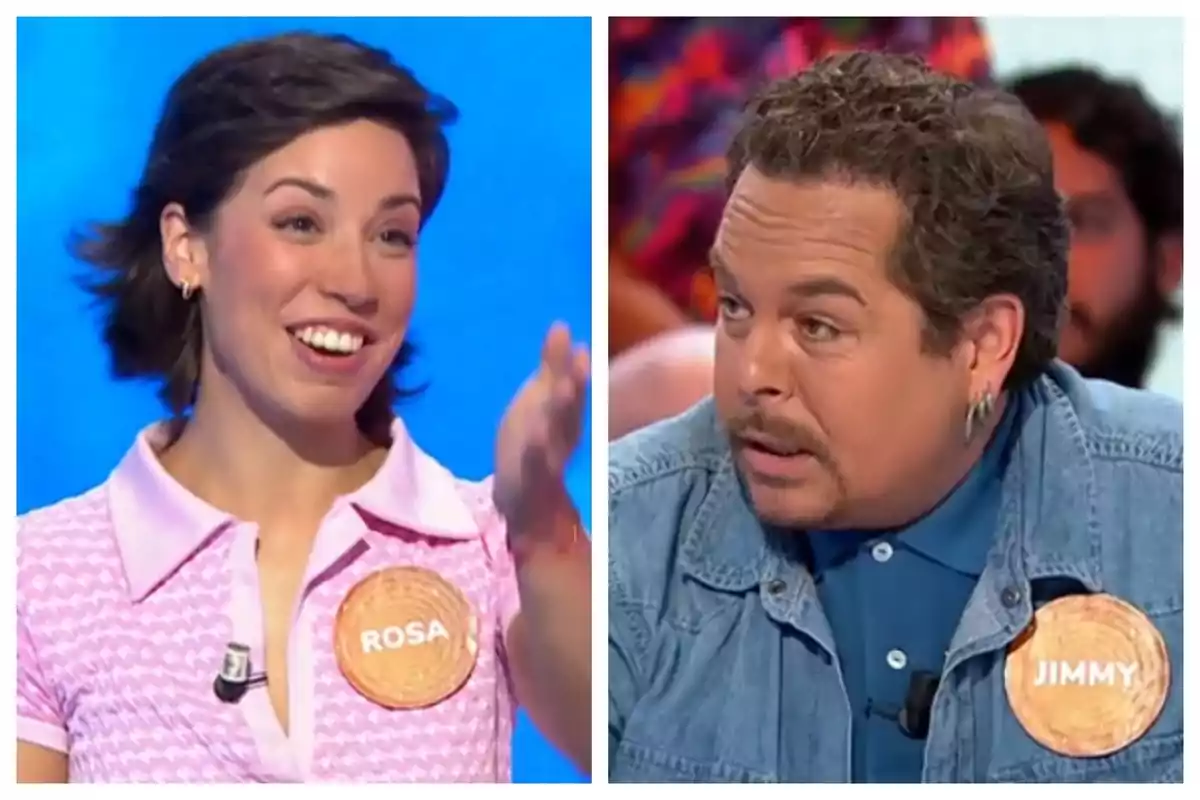 Dos personas participando en un programa de televisión, los cuales son Rosa Rodríguez y Jimmy Barnatán, ambos llevan un gafete con su nombre. Dos personas participando en un programa de televisión, los cuales son Rosa Rodríguez y Jimmy Barnatán, ambos llevan un gafete con su nombre.