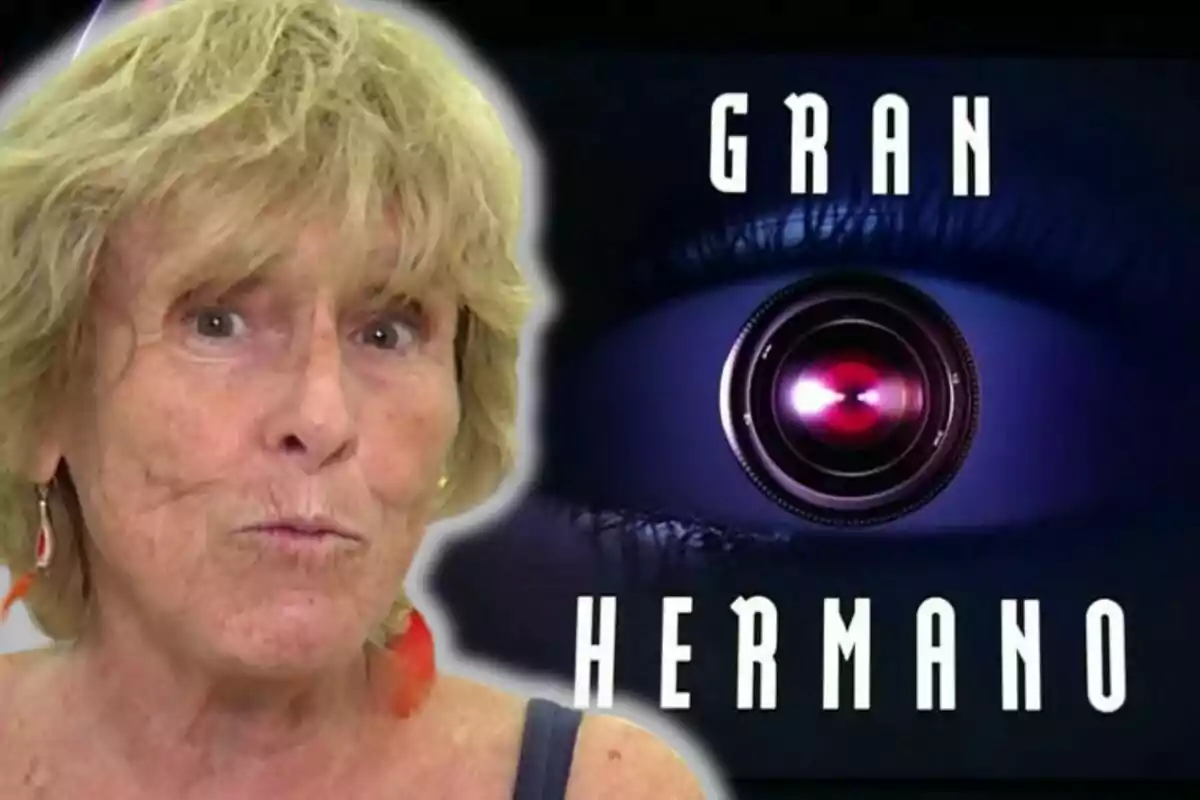 Mercedes Milá junto al logo del programa Gran Hermano que muestra un ojo con una cámara en el centro y el texto Gran Hermano