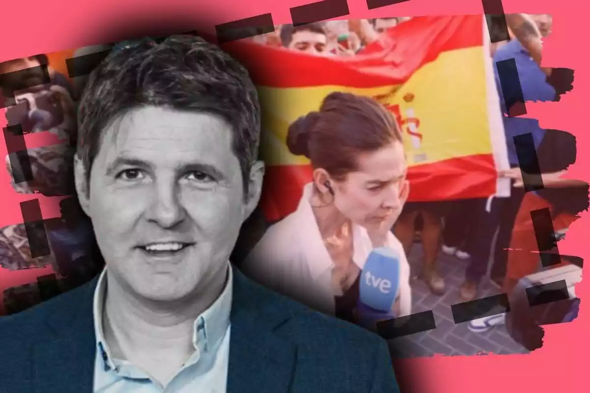 Un hombre sonriente en primer plano y una reportera con micrófono de TVE en una manifestación con una bandera de España al fondo sobre un fondo rosa con detalles en negro