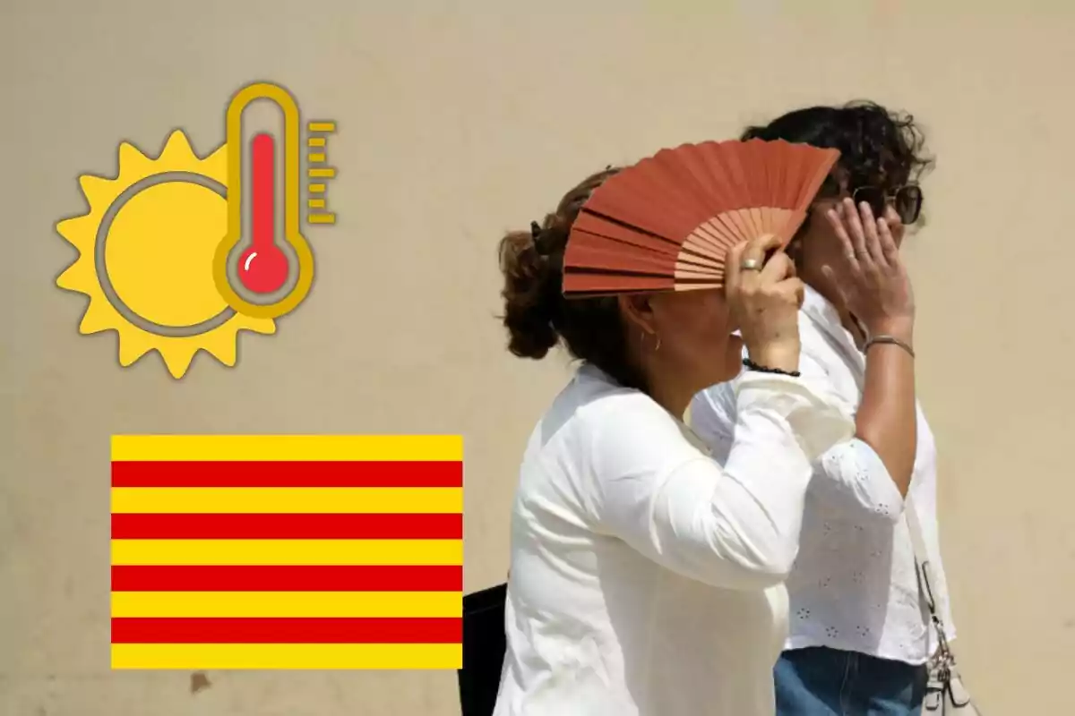 Dos mujeres se protegen del sol intenso usando un abanico y la mano mientras caminan, junto a un icono de calor extremo y la bandera de Cataluña