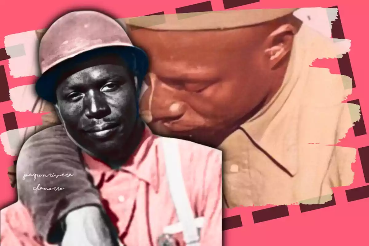 Montaje artístico de dos retratos de un hombre afrodescendiente con casco y camisa, sobre un fondo rosa con detalles geométricos