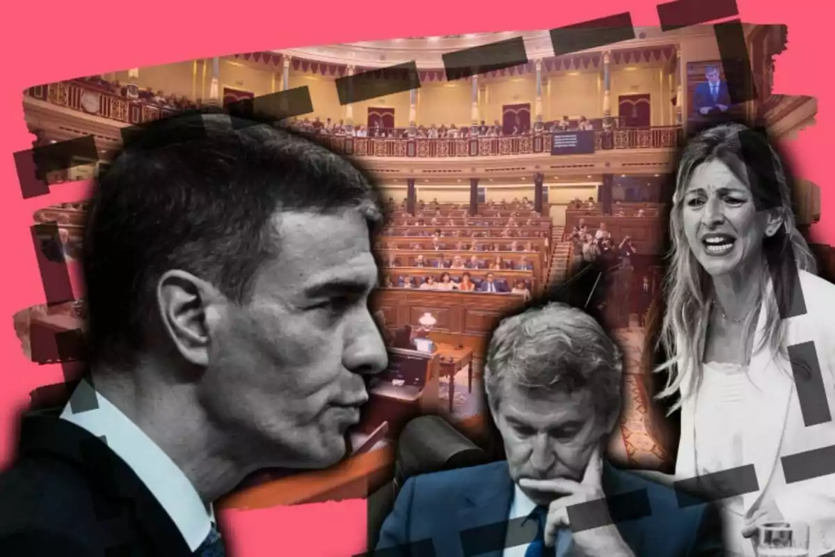 Tres personas en primer plano con expresiones serias y de preocupación sobre un fondo del interior de un parlamento con asientos y público, todo con un diseño gráfico de recortes y fondo rosa