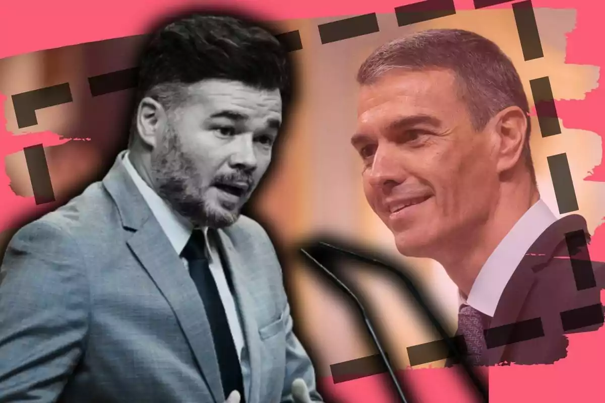 Dos hombres con traje conversando frente a un fondo rosa con detalles gráficos en negro