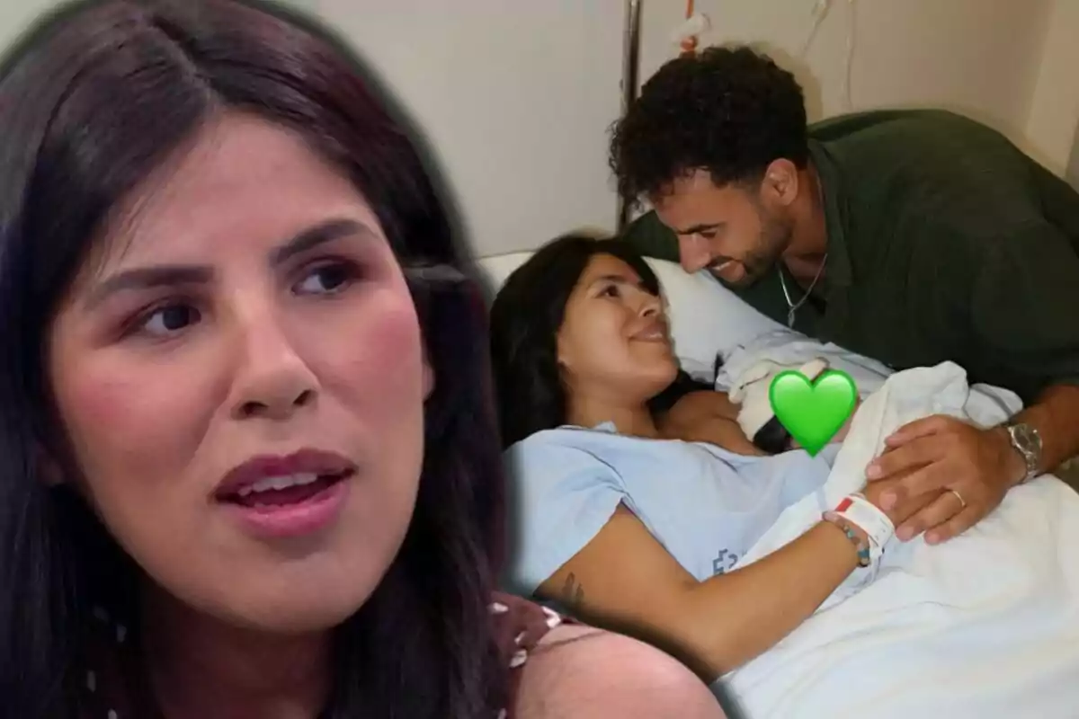 Isa Pantoja con expresión seria en primer plano y al fondo ella con Asraf Beno sonriente en una cama de hospital con un bebé recién nacido cubierto con un emoji de corazón verde