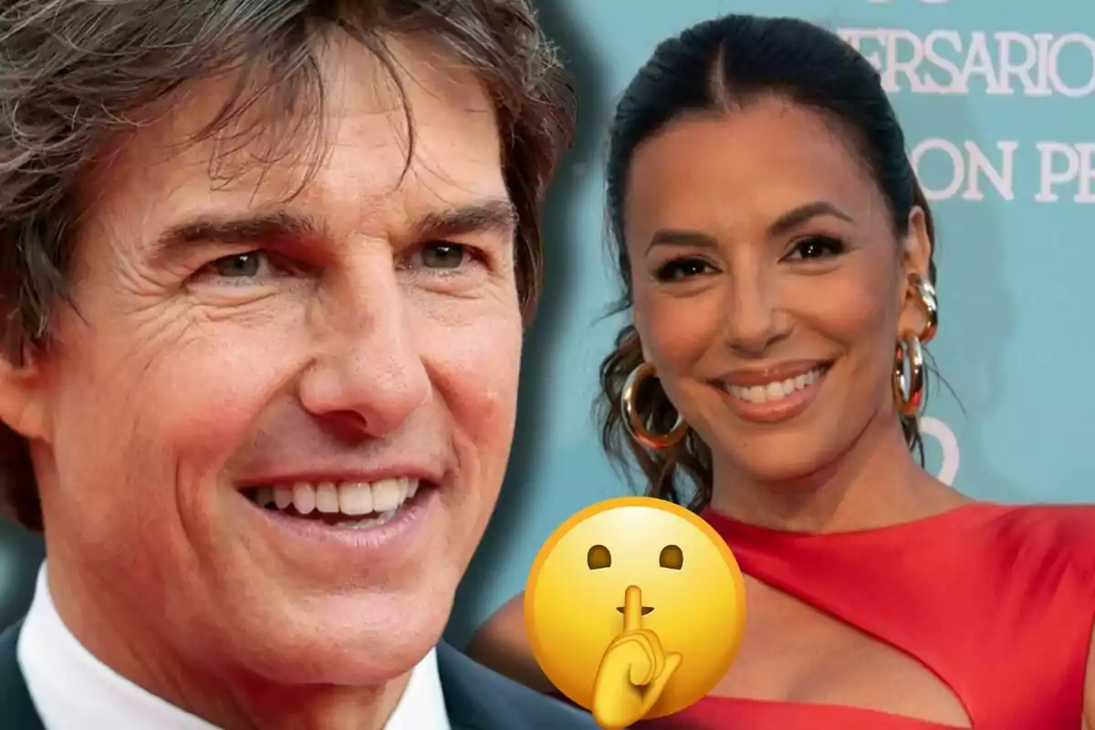 Tom Cruise y Eva Longoria sonríen mientras un emoji de silencio aparece en primer plano