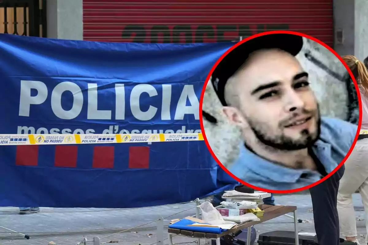 Escena acordonada por la policía con una lona azul y cinta de precaución, junto a un recuadro que muestra el rostro de un hombre joven con barba y gorra.