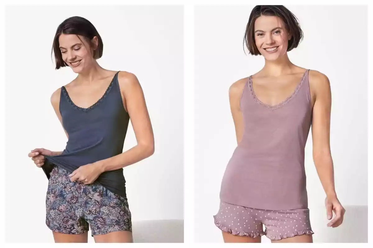 Mujer con cabello corto modelando dos conjuntos de pijama de tirantes y shorts uno azul con estampado floral y otro lila con shorts de lunares blancos, ambos son de Lidl. Mujer con cabello corto modelando dos conjuntos de pijama de tirantes y shorts uno azul con estampado floral y otro lila con shorts de lunares blancos, ambos son de Lidl.