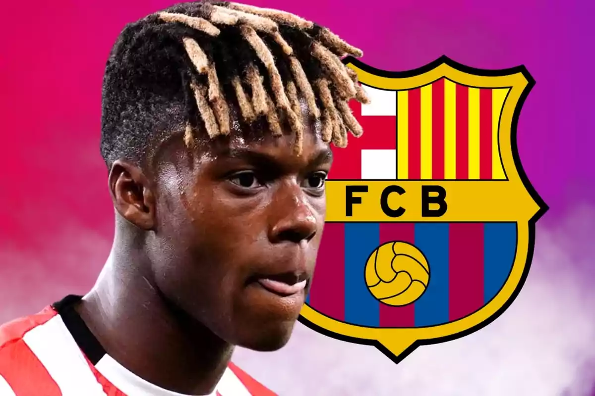 Un futbolista con camiseta rojiblanca aparece en primer plano junto al escudo del FC Barcelona sobre un fondo degradado en tonos rosa y morado