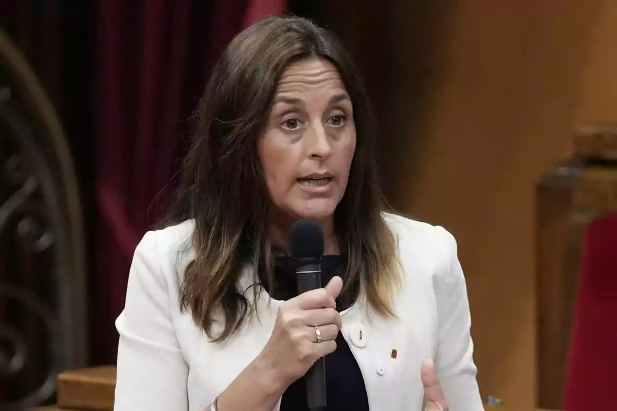 Mujer de cabello castaño hablando en público mientras sostiene un micrófono y viste una chaqueta blanca Mujer de cabello castaño hablando en público mientras sostiene un micrófono y viste una chaqueta blanca