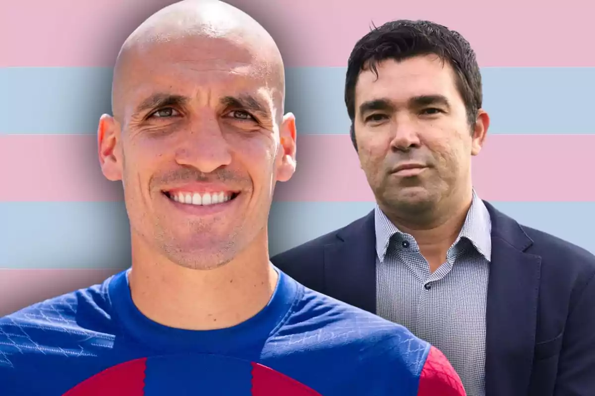 Dos hombres posan frente a un fondo de franjas horizontales en tonos rosa y azul, uno de ellos lleva camiseta deportiva y sonríe, el otro viste traje y tiene expresión seria.
