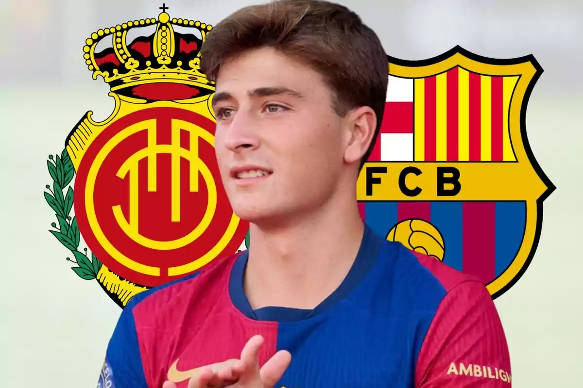 Un futbolista con camiseta del Barcelona aparece frente a los escudos del Mallorca y el Barcelona