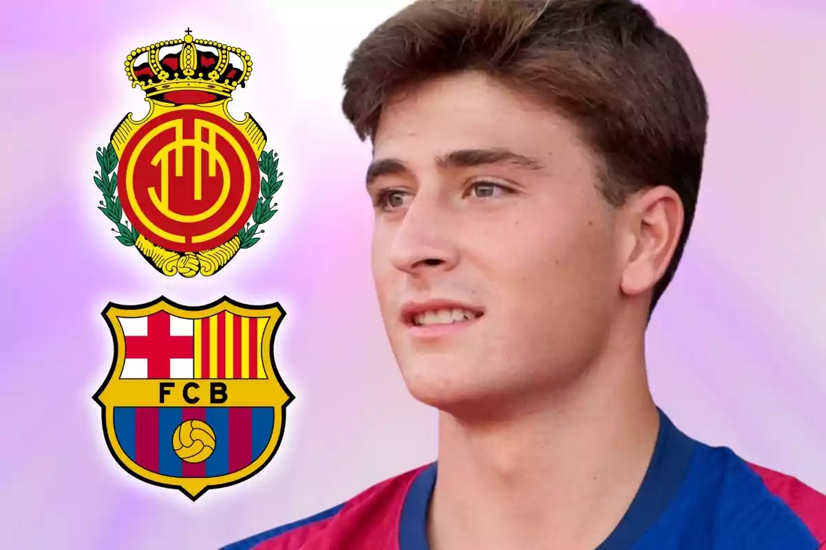 Un joven futbolista con camiseta azulgrana aparece junto a los escudos del Mallorca y el Barcelona sobre un fondo degradado en tonos morados.