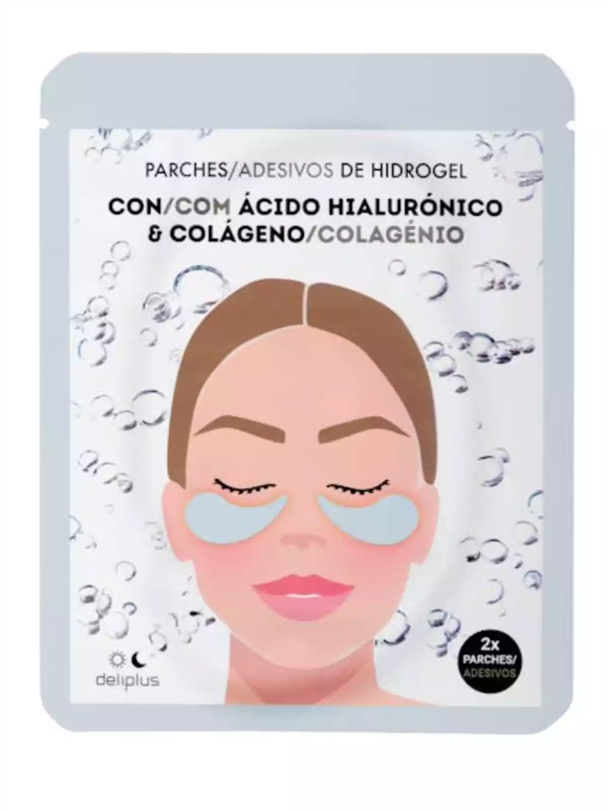 Envase de parches de hidrogel para ojos con ácido hialurónico y colágeno de la marca Deliplus mostrando una ilustración de un rostro femenino con los parches aplicados bajo los ojos y burbujas de fondo Envase de parches de hidrogel para ojos con ácido hialurónico y colágeno de la marca Deliplus mostrando una ilustración de un rostro femenino con los parches aplicados bajo los ojos y burbujas de fondo