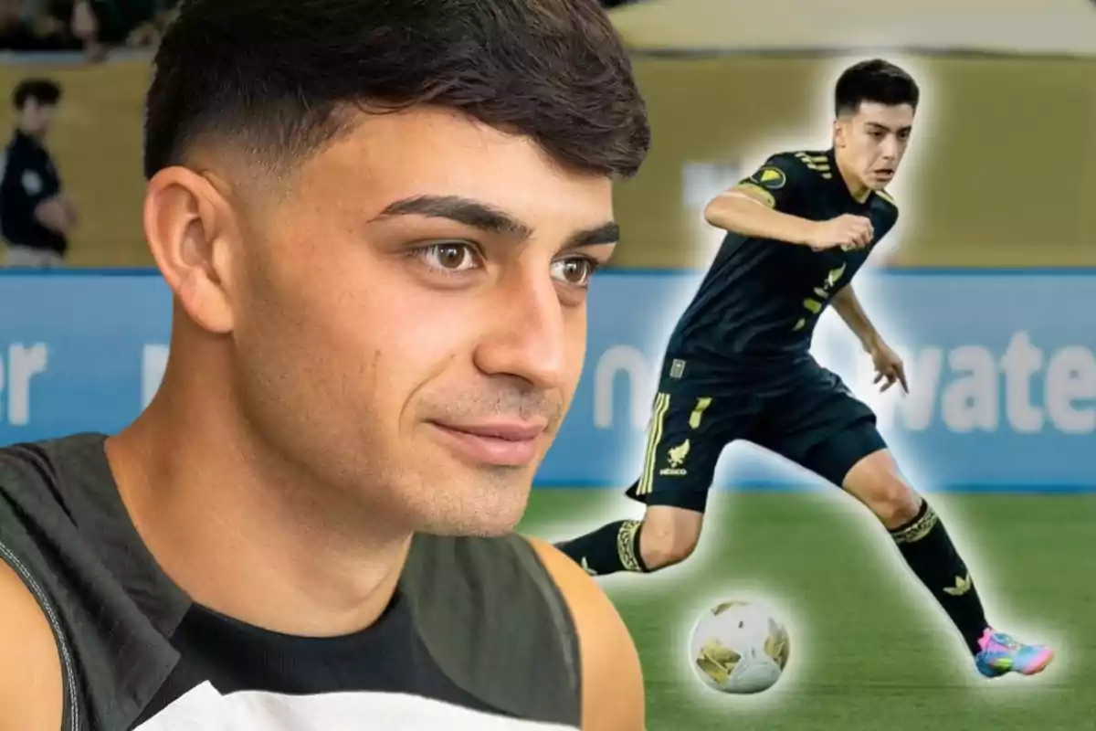 Joven con cabello corto y oscuro en primer plano y al fondo una imagen editada de él jugando fútbol con uniforme negro