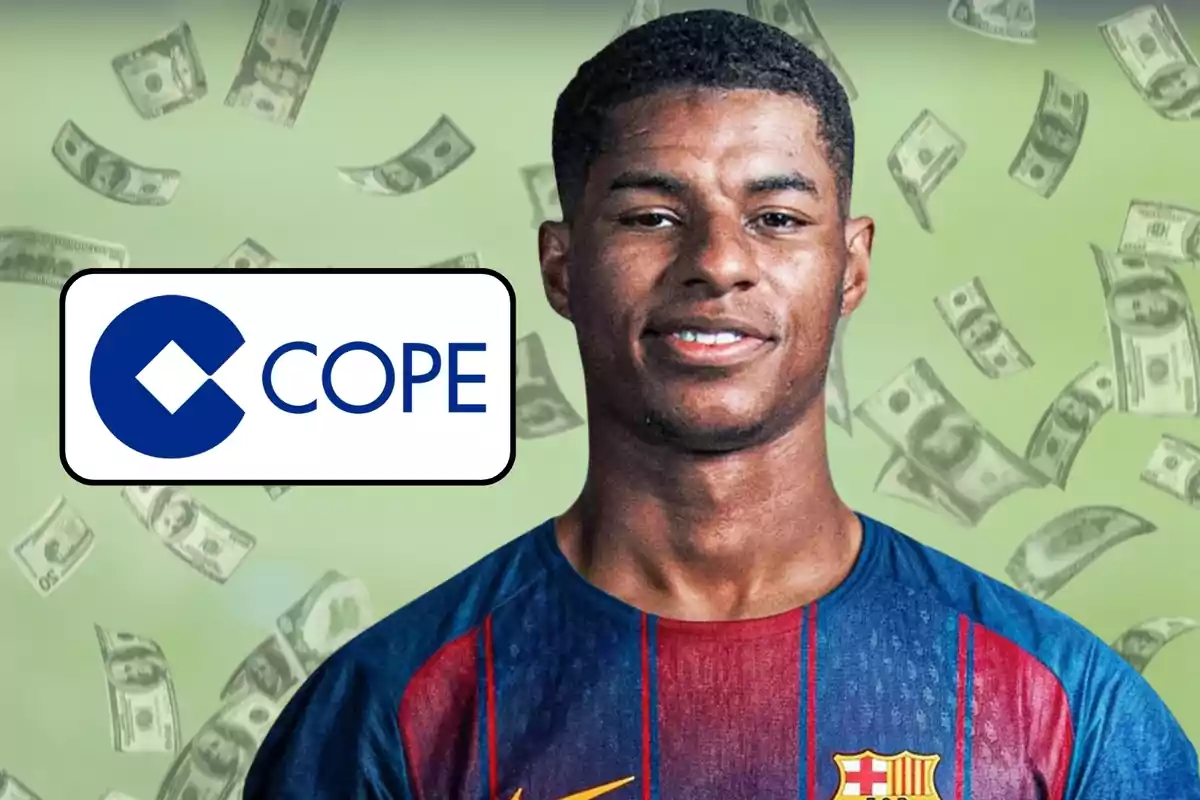 Un futbolista con la camiseta del Barcelona, billetes de dólar flotando en el fondo y el logo de COPE a la izquierda.