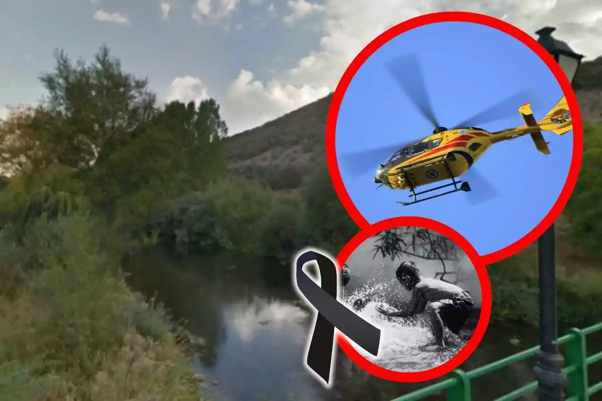 Montaje de fotos del río Bernesga rodeado de vegetación con un helicóptero de rescate en el cielo y un lazo negro junto a la imagen de un niño jugando en el agua.