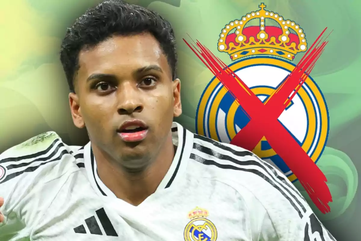 Futbolista del Real Madrid con el escudo del club tachado con una X roja al fondo