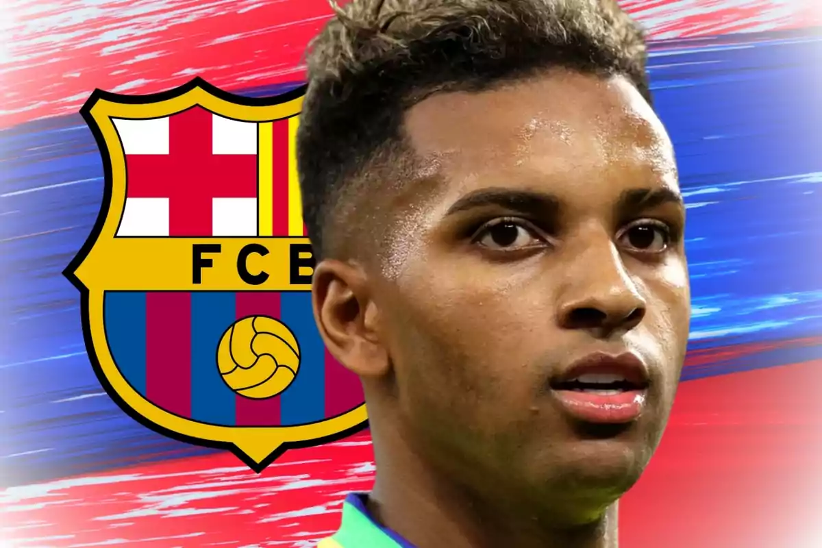 Jugador de fútbol con el escudo del FC Barcelona de fondo sobre un diseño en tonos azul y rojo