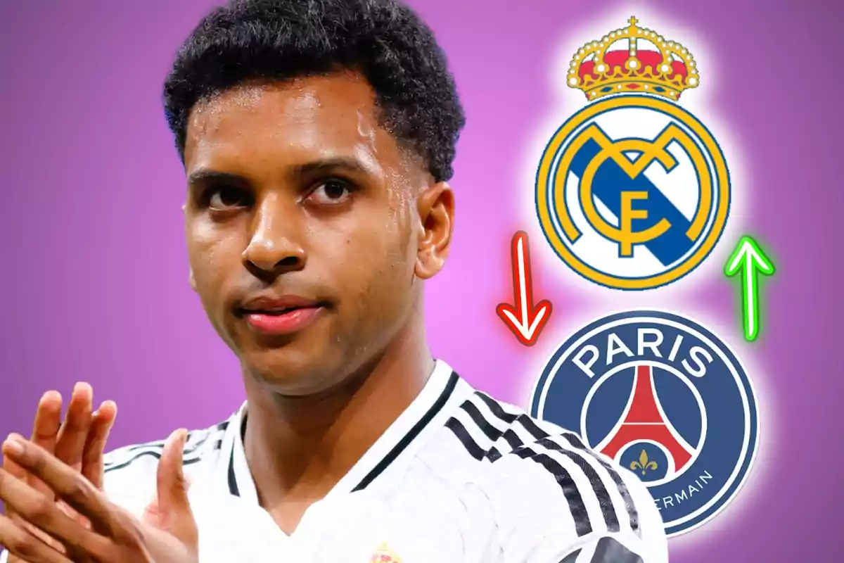 Futbolista con uniforme blanco al frente de los escudos de Real Madrid y PSG con flechas indicando un posible traspaso