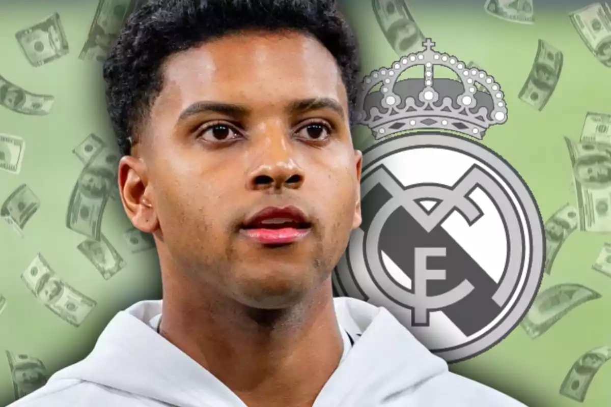 Joven con sudadera blanca frente al escudo del Real Madrid y billetes de fondo