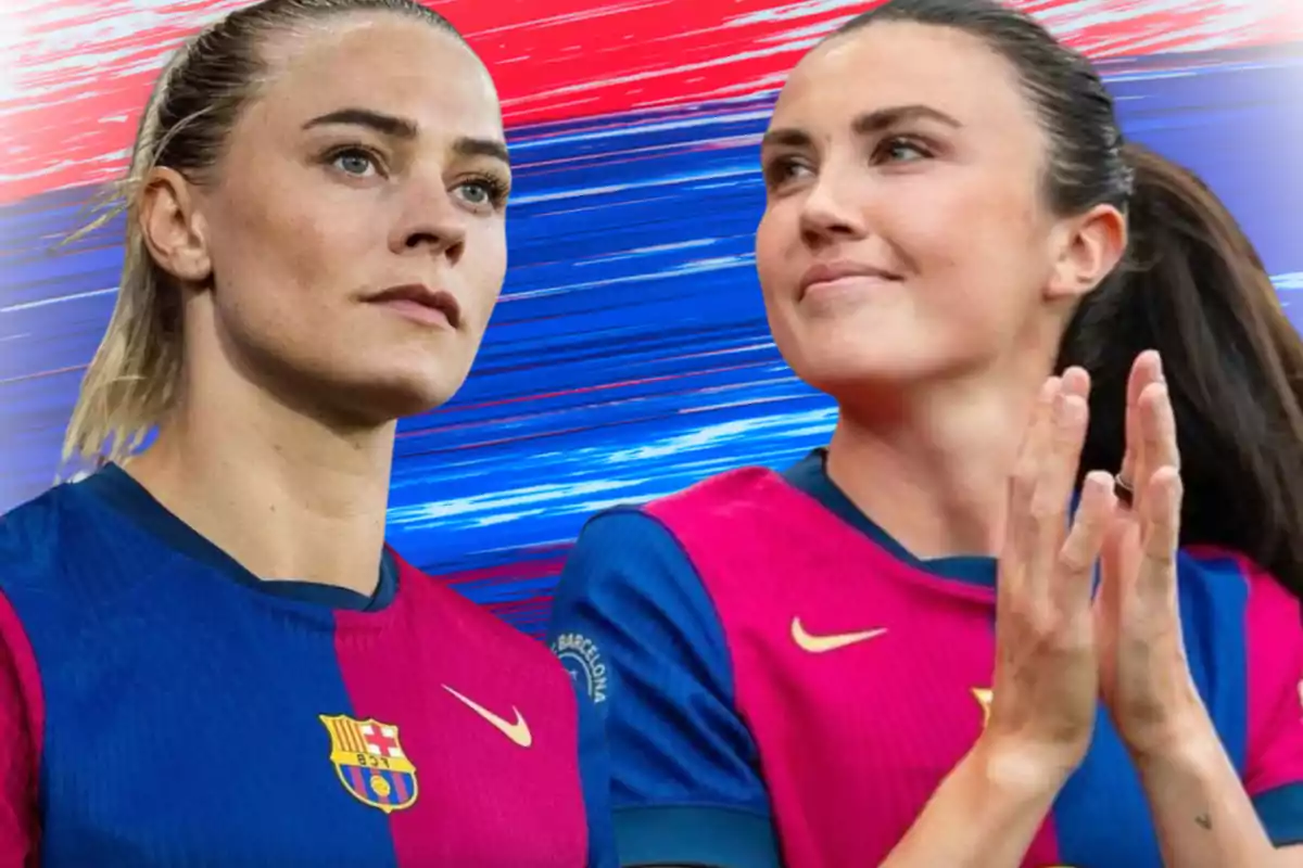 Dos jugadoras del FC Barcelona femenino con uniforme azul y rosa posan frente a un fondo con los colores del club