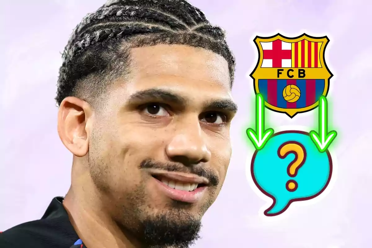 Un futbolista sonriente con trenzas y el escudo del FC Barcelona junto a un ícono de signo de interrogación conectado por flechas verdes