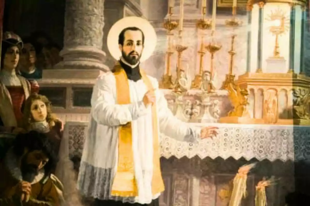 Pintura religiosa que muestra a un sacerdote con aureola celebrando misa frente a un altar decorado con candelabros dorados y varias personas observando a su alrededor Pintura religiosa que muestra a un sacerdote con aureola celebrando misa frente a un altar decorado con candelabros dorados y varias personas observando a su alrededor