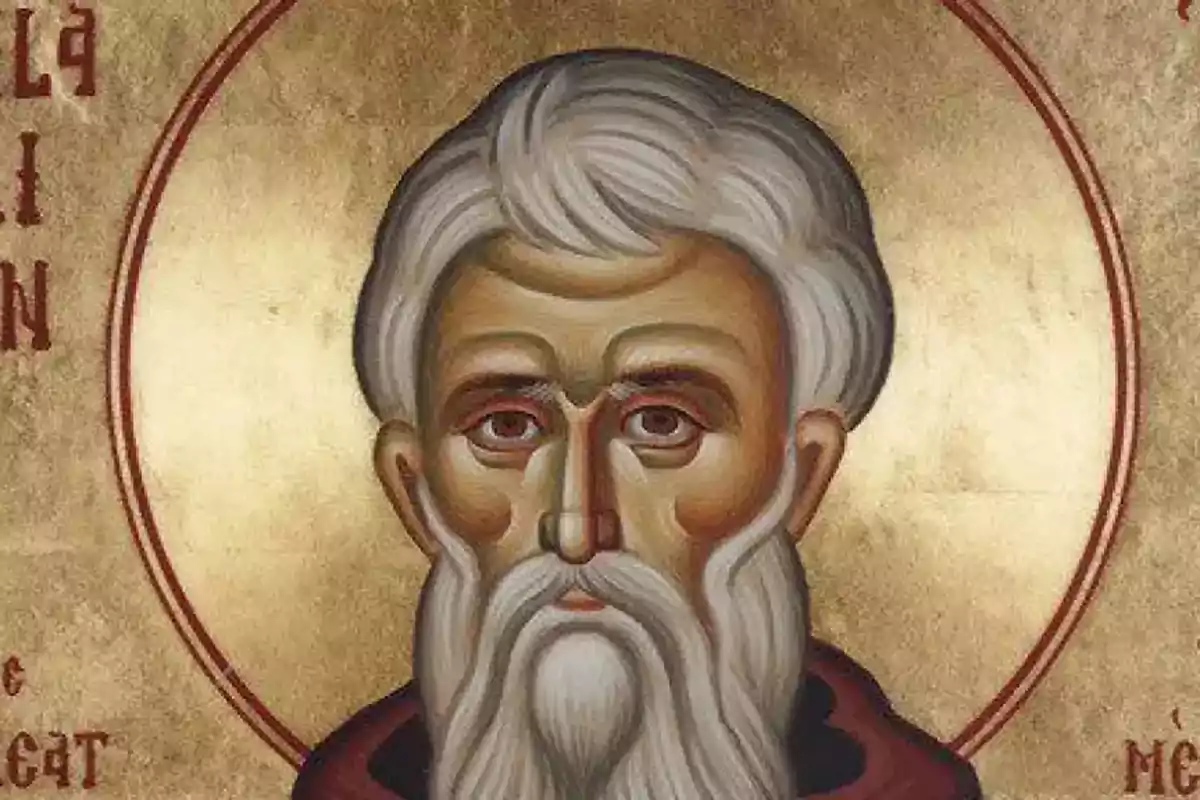 Pintura religiosa de un hombre anciano con barba y cabello blanco sobre fondo dorado