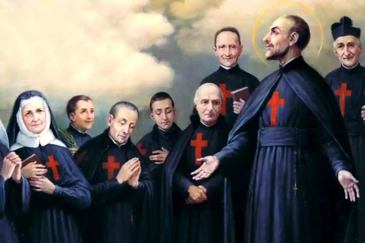 Pintura religiosa que muestra a varios santos y religiosas con hábitos oscuros y cruces rojas en el pecho, uno de ellos con aureola, todos reunidos bajo un cielo nublado