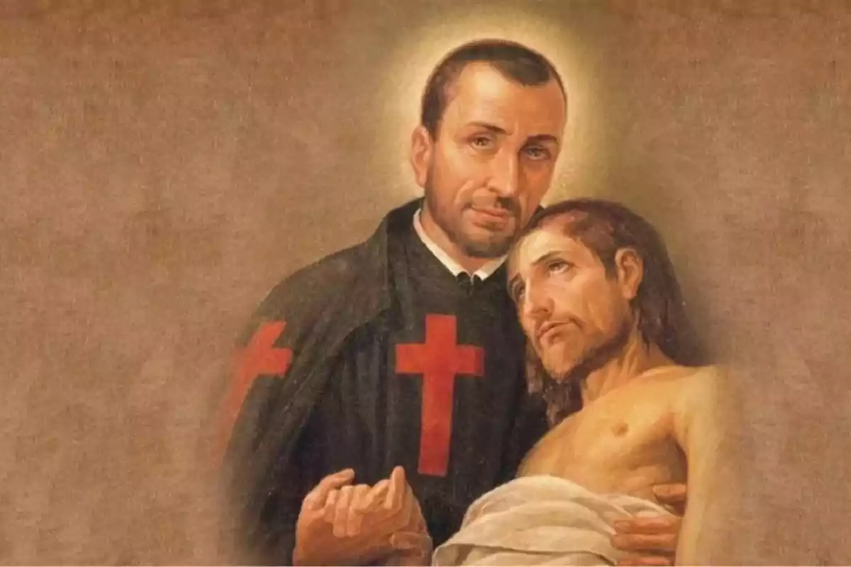 Pintura religiosa de un hombre con aureola y hábito negro con cruces rojas sosteniendo a otra persona herida y envuelta en una sábana blanca Pintura religiosa de un hombre con aureola y hábito negro con cruces rojas sosteniendo a otra persona herida y envuelta en una sábana blanca