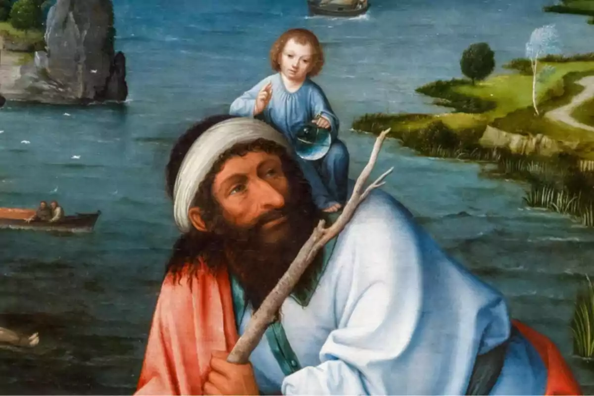 Un hombre barbudo con turbante cruza un río apoyado en un bastón mientras un niño vestido de azul está sentado sobre su hombro sosteniendo una esfera de cristal y levantando una mano en señal de bendición con un paisaje de agua y árboles al fondo Un hombre barbudo con turbante cruza un río apoyado en un bastón mientras un niño vestido de azul está sentado sobre su hombro sosteniendo una esfera de cristal y levantando una mano en señal de bendición con un paisaje de agua y árboles al fondo