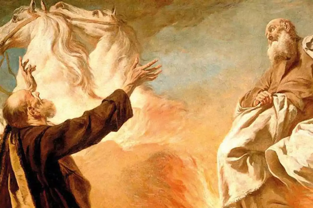 Dos hombres de barba y túnica, uno sentado y otro de pie con los brazos extendidos, rodeados de caballos blancos y fuego en una escena de estilo bíblico Dos hombres de barba y túnica, uno sentado y otro de pie con los brazos extendidos, rodeados de caballos blancos y fuego en una escena de estilo bíblico