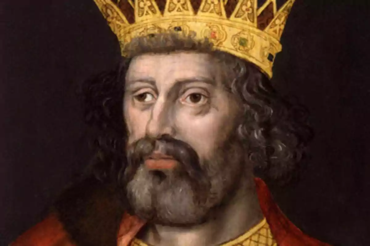 Retrato de un hombre con barba y corona dorada sobre fondo oscuro