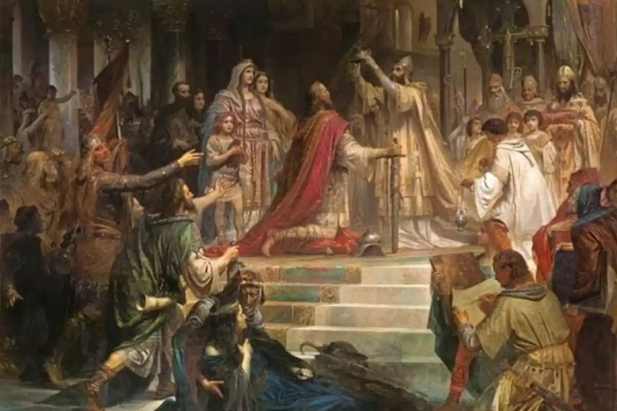 Ceremonia medieval de coronación con un rey arrodillado recibiendo una corona de un sacerdote rodeado de cortesanos y asistentes en un ambiente solemne Ceremonia medieval de coronación con un rey arrodillado recibiendo una corona de un sacerdote rodeado de cortesanos y asistentes en un ambiente solemne