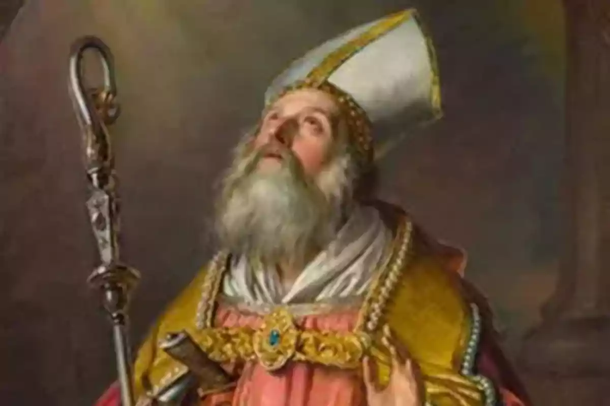 Pintura de un hombre mayor con barba y vestimenta religiosa mirando hacia arriba mientras sostiene un báculo