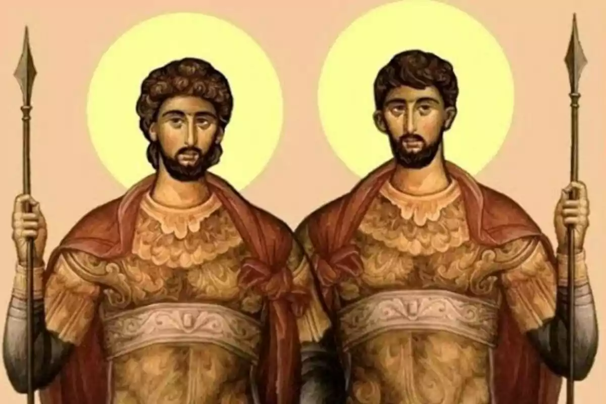 San Proceso y San Martinianio con armaduras y lanzas, ambas con aureolas doradas sobre la cabeza y fondo beige San Proceso y San Martinianio con armaduras y lanzas, ambas con aureolas doradas sobre la cabeza y fondo beige
