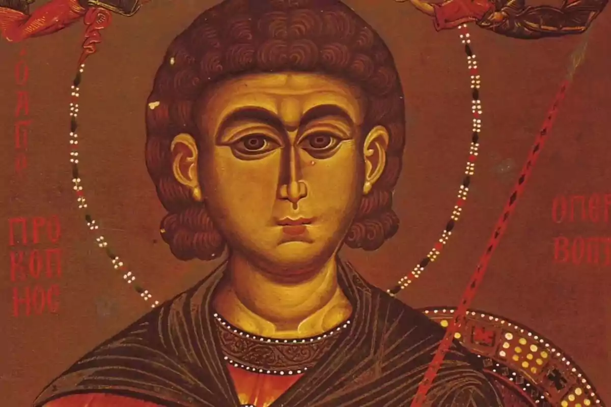 Pintura religiosa de estilo bizantino que muestra el rostro de un santo con aureola y fondo marrón Pintura religiosa de estilo bizantino que muestra el rostro de un santo con aureola y fondo marrón