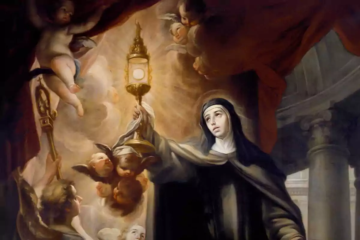 Pintura religiosa de una monja sosteniendo una custodia dorada rodeada de ángeles y querubines en un ambiente celestial