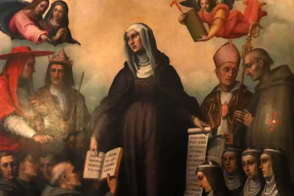 Pintura religiosa que muestra a una mujer vestida con hábito rodeada de figuras masculinas y femeninas, algunas con vestimenta eclesiástica y otras con coronas, mientras en la parte superior aparecen ángeles y personajes celestiales Pintura religiosa que muestra a una mujer vestida con hábito rodeada de figuras masculinas y femeninas, algunas con vestimenta eclesiástica y otras con coronas, mientras en la parte superior aparecen ángeles y personajes celestiales