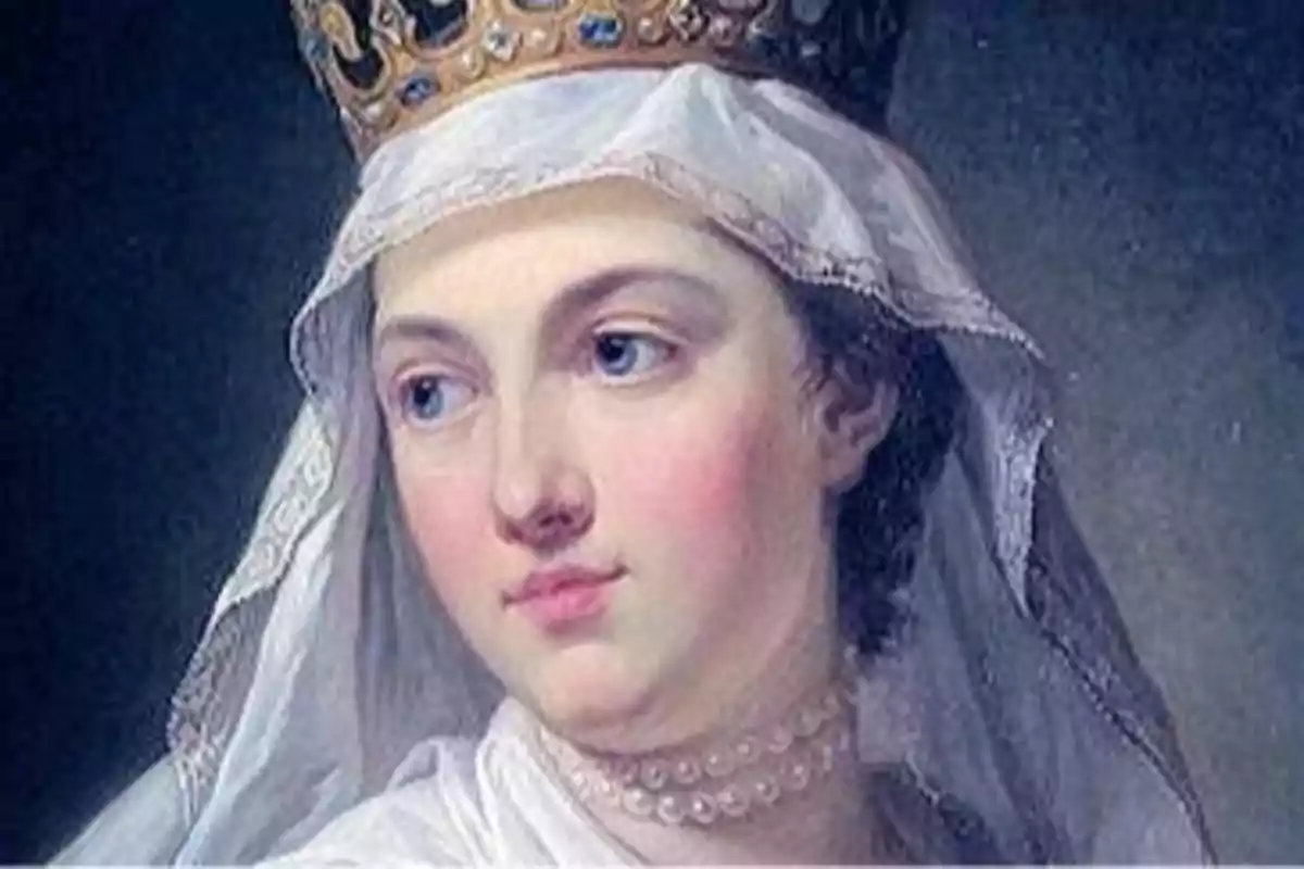 Retrato de una mujer joven con corona dorada y velo blanco Retrato de una mujer joven con corona dorada y velo blanco