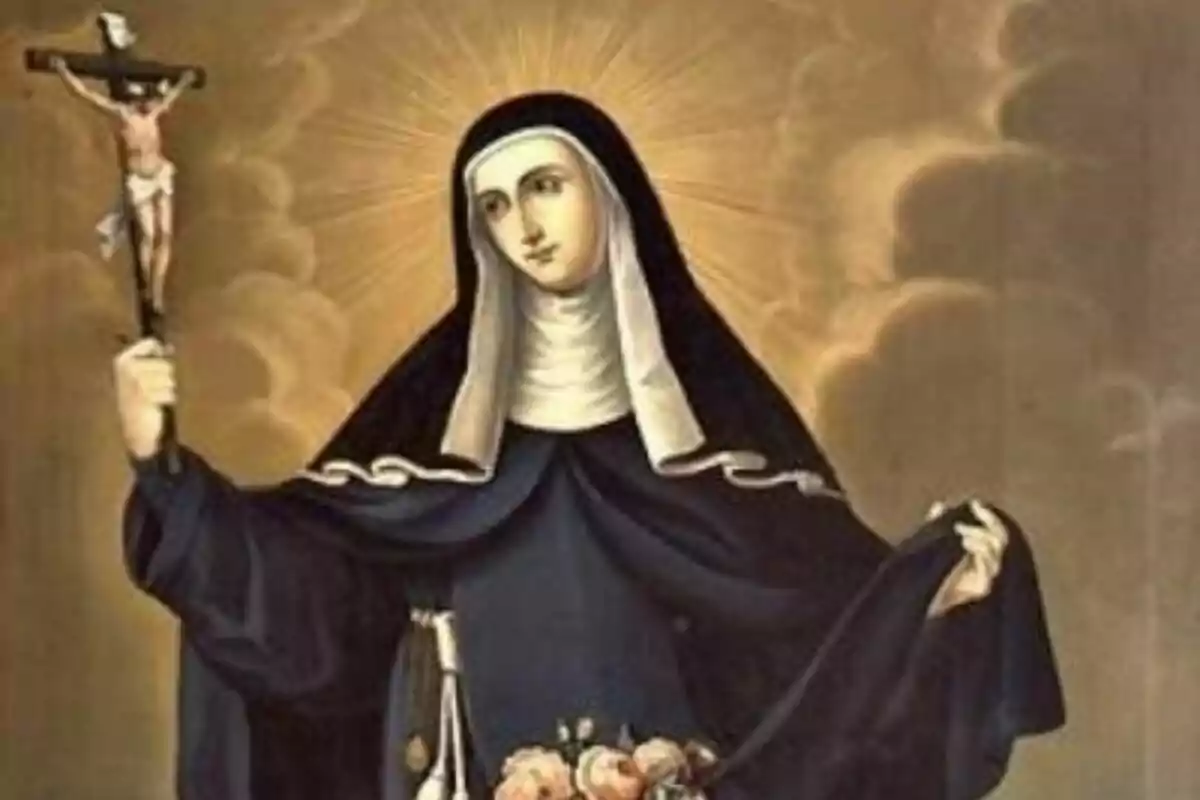 Pintura religiosa de una monja con halo sosteniendo un crucifijo y flores en el hábito Pintura religiosa de una monja con halo sosteniendo un crucifijo y flores en el hábito