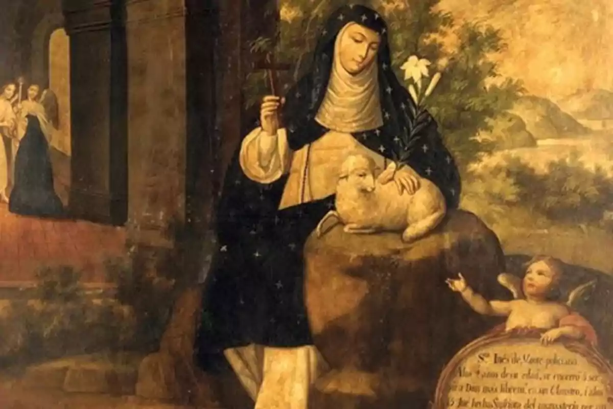 Pintura religiosa que muestra a una monja con hábito negro y blanco sentada junto a un cordero y un ángel pequeño mientras sostiene una cruz y flores blancas Pintura religiosa que muestra a una monja con hábito negro y blanco sentada junto a un cordero y un ángel pequeño mientras sostiene una cruz y flores blancas